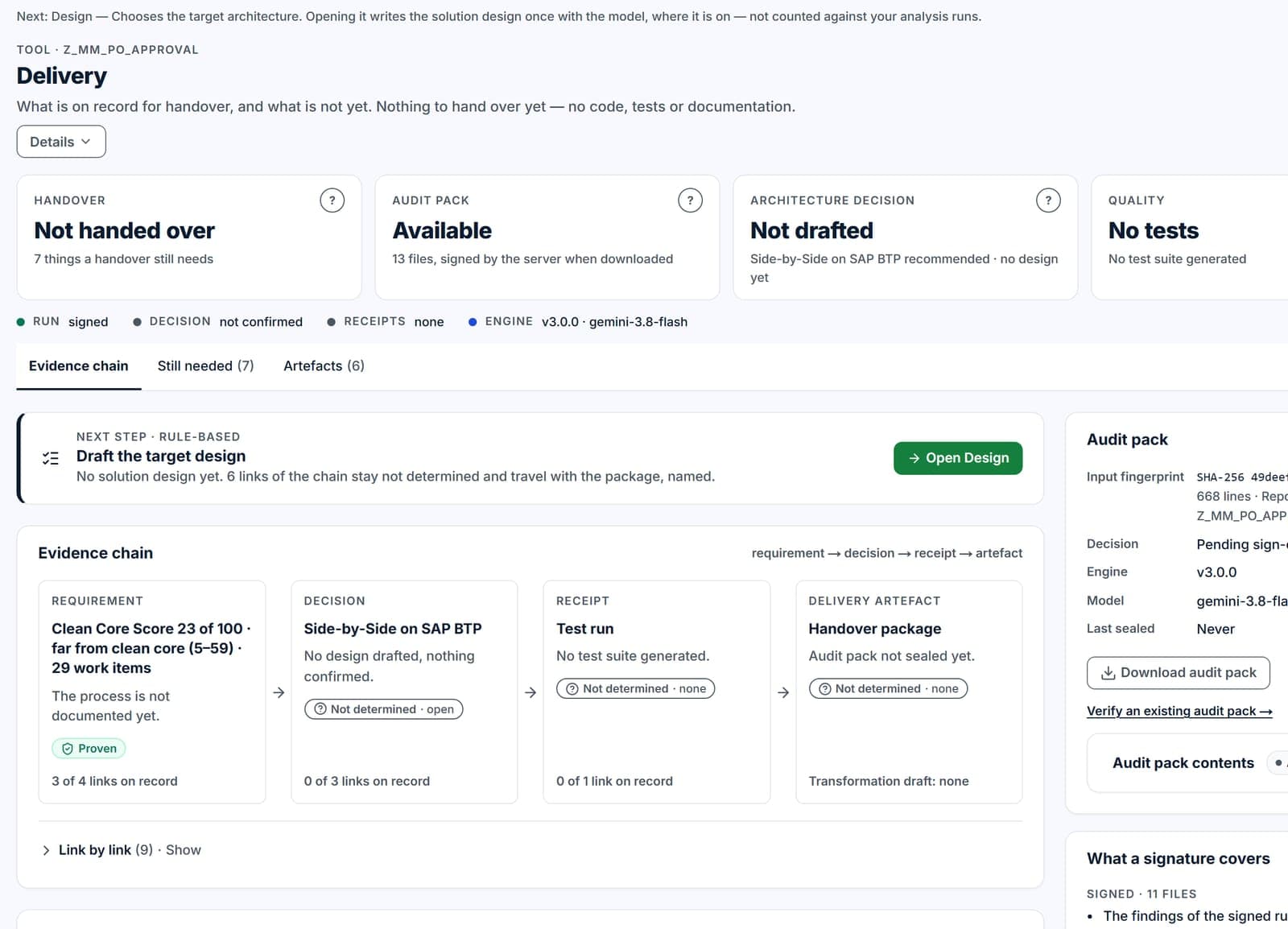 Delivery stage of a real run of the example program Z_MM_PO_APPROVAL: a signed run with its audit pack available, the evidence chain from requirement to handover, and the next step the rules name.